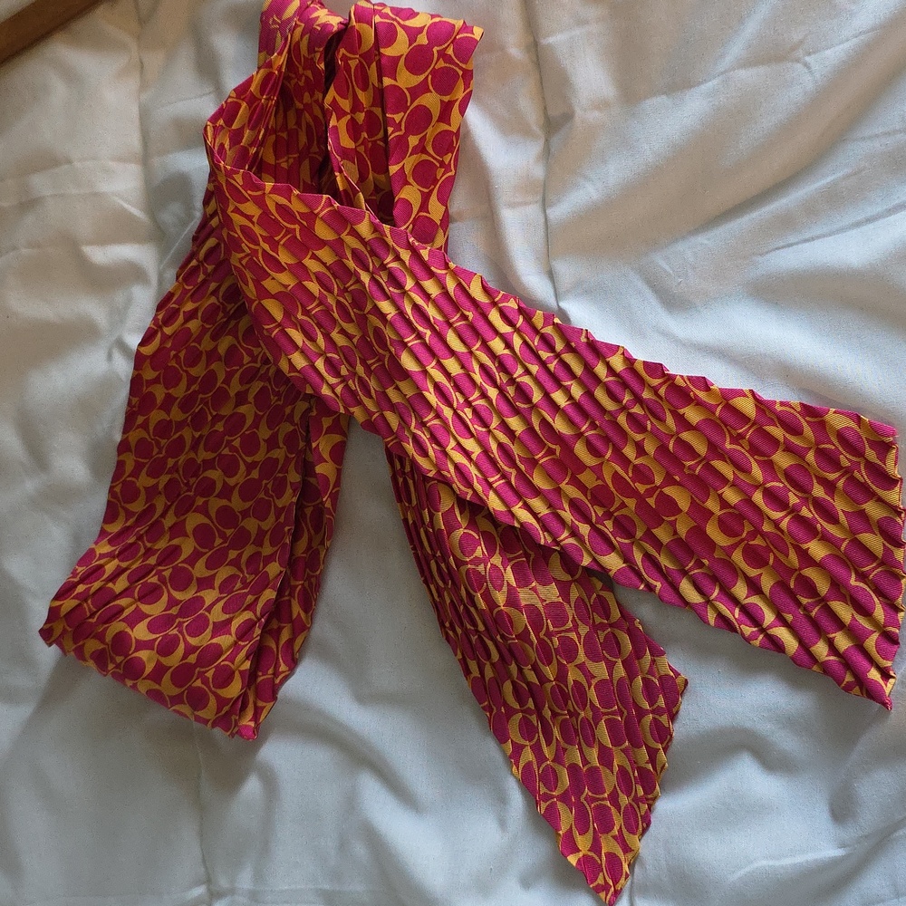 Pleated Vintage Coach 100% Silk thin scarf pink & orange